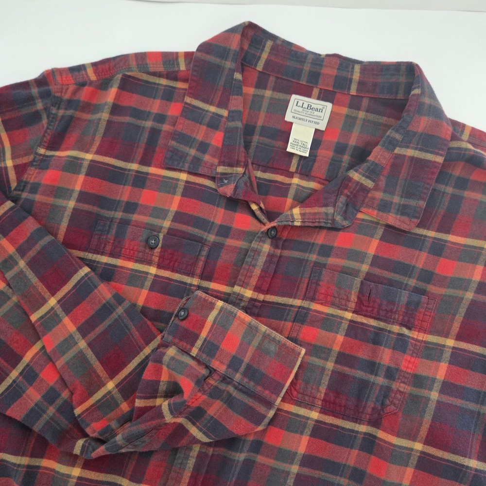 LL Bean Button Down Shirt Red Navy Plaid‎ Slightly Fitted Mens XXXL-Tall